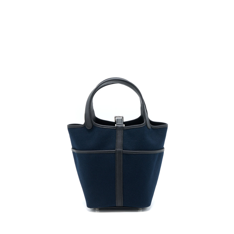 Hermes Picotin Cargo 18 Lock Bag Swift And Toile Canvas Blue Marine /Black SHW Stamp U