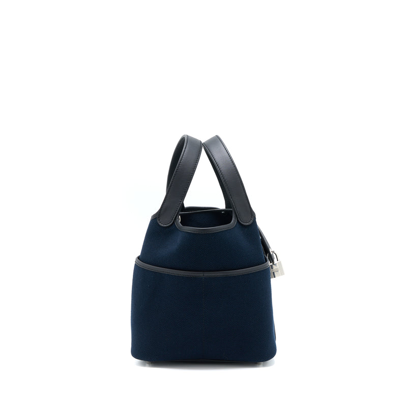 Hermes Picotin Cargo 18 Lock Bag Swift And Toile Canvas Blue Marine /Black SHW Stamp U