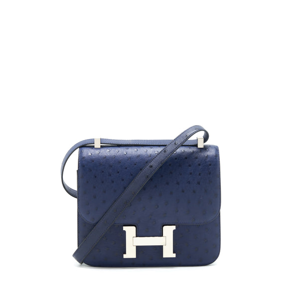 Hermes Constance 24 Ostrich Bleu Iris SHW Stamp C
