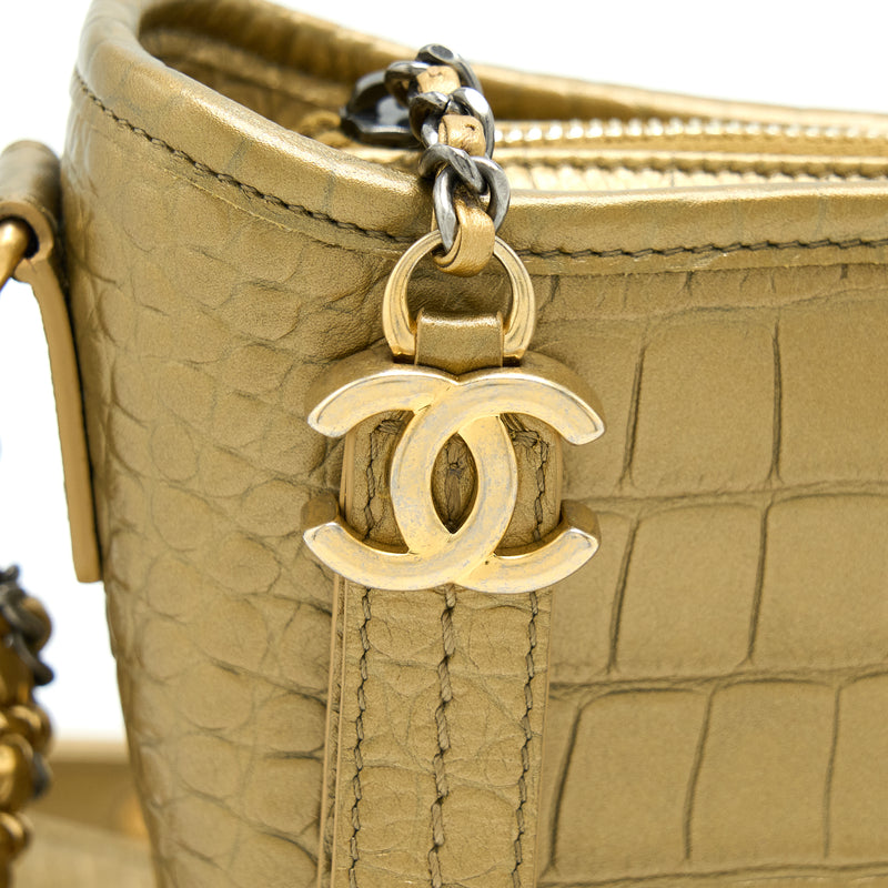 Chanel Gabrielle Hobo with Logo Handle Crocodile Embossed Calfskin Small Gold