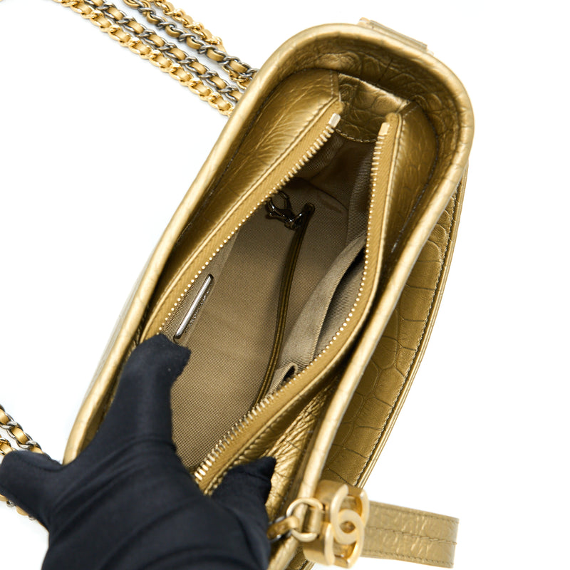 Chanel Gabrielle Hobo Bag Crocodile Embossed Calfskin 'GOLD/SLIVER