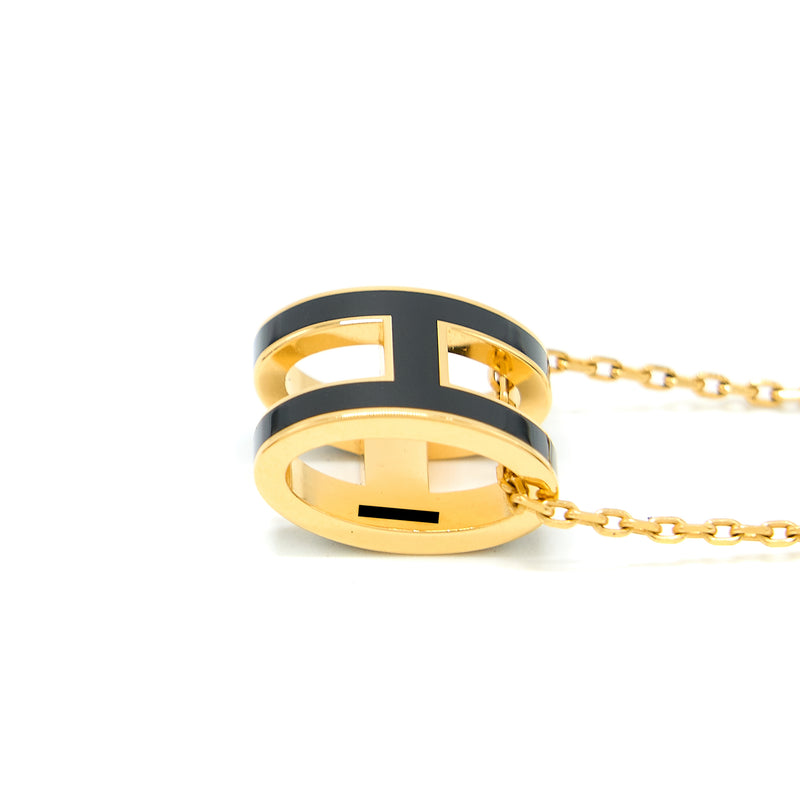 Hermes Pop H Pendant Necklace Black Gold Tone
