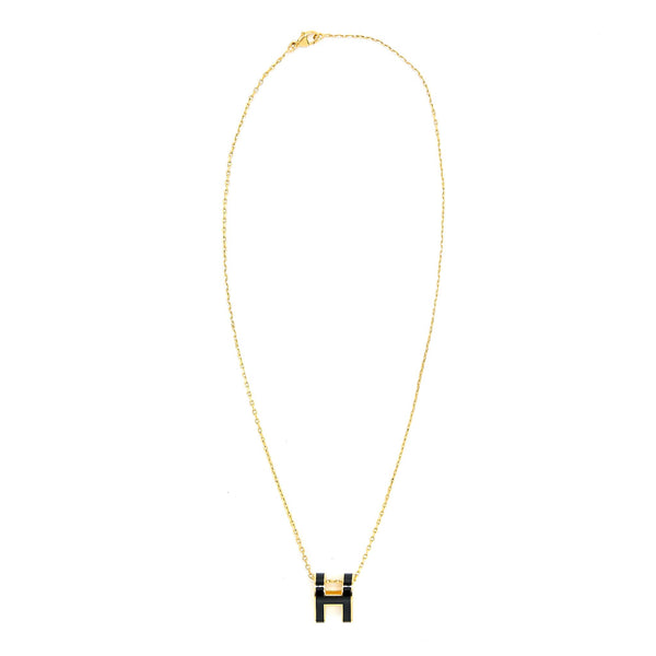 Hermes Pop H Pendant Necklace Black Gold Tone