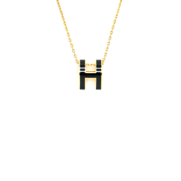 Hermes Pop H Pendant Necklace Black Gold Tone