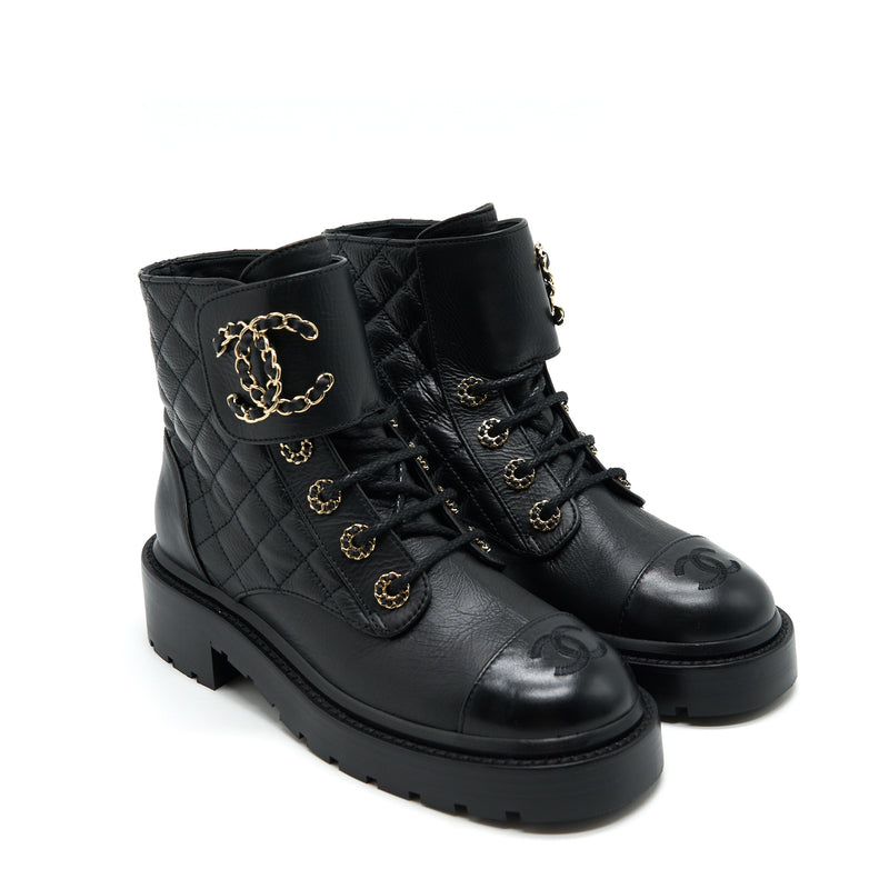 CHANEL LEATHER LACE UP BOOTS BLACK SIZE35