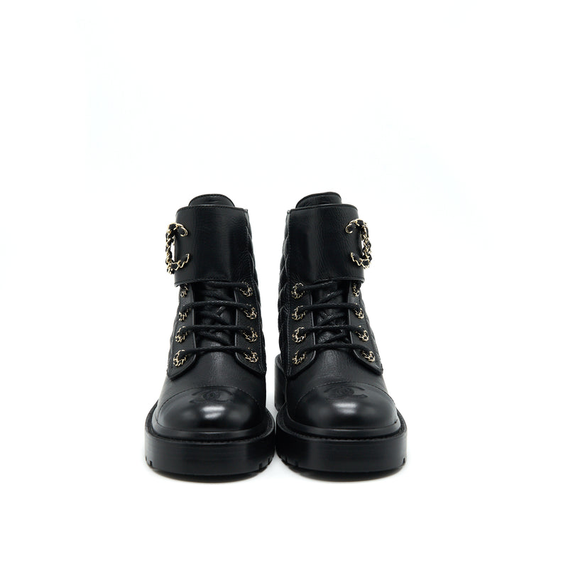 CHANEL LEATHER LACE UP BOOTS BLACK SIZE35