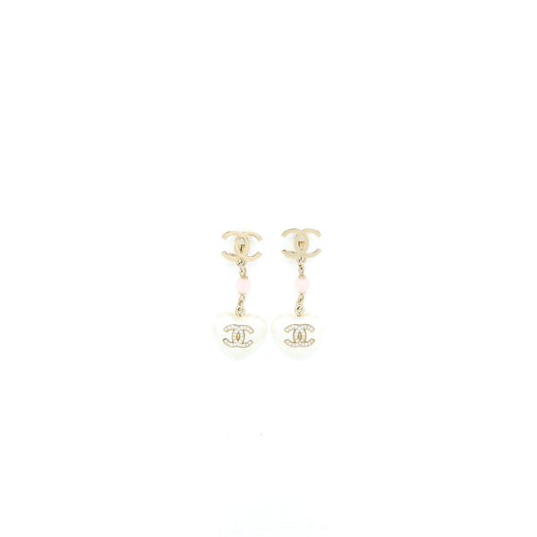 Chanel CC Logo Heart Drop Ear Clips Crystal/Pearl Light Gold Tone