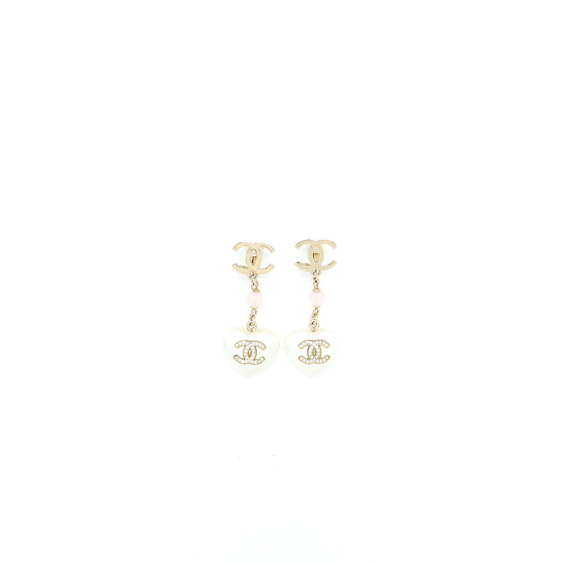 Chanel CC Logo Heart Drop Ear Clips Crystal/Pearl Light Gold Tone