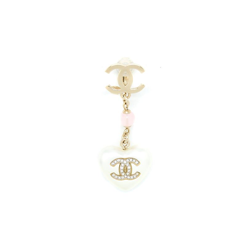 Chanel CC Logo Heart Drop Ear Clips Crystal/Pearl Light Gold Tone