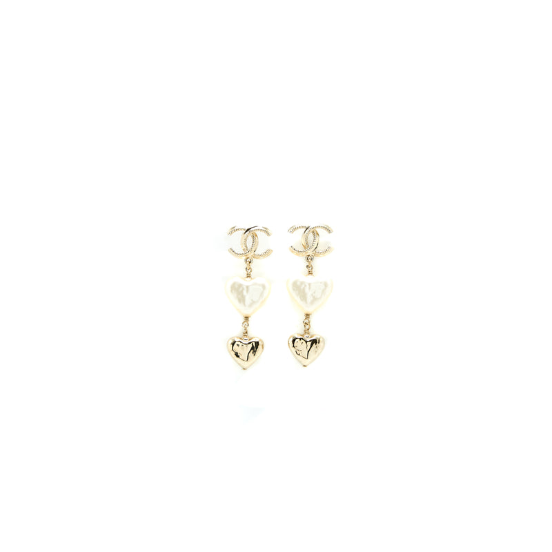 Chanel CC Logo Heart Drop Earrings Light Gold Tone