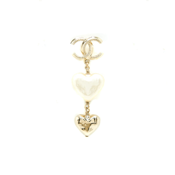 Chanel CC Logo Heart Drop Earrings Light Gold Tone
