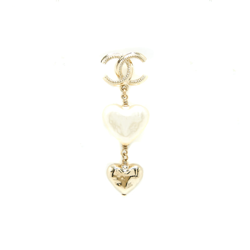Chanel CC Logo Heart Drop Earrings Light Gold Tone