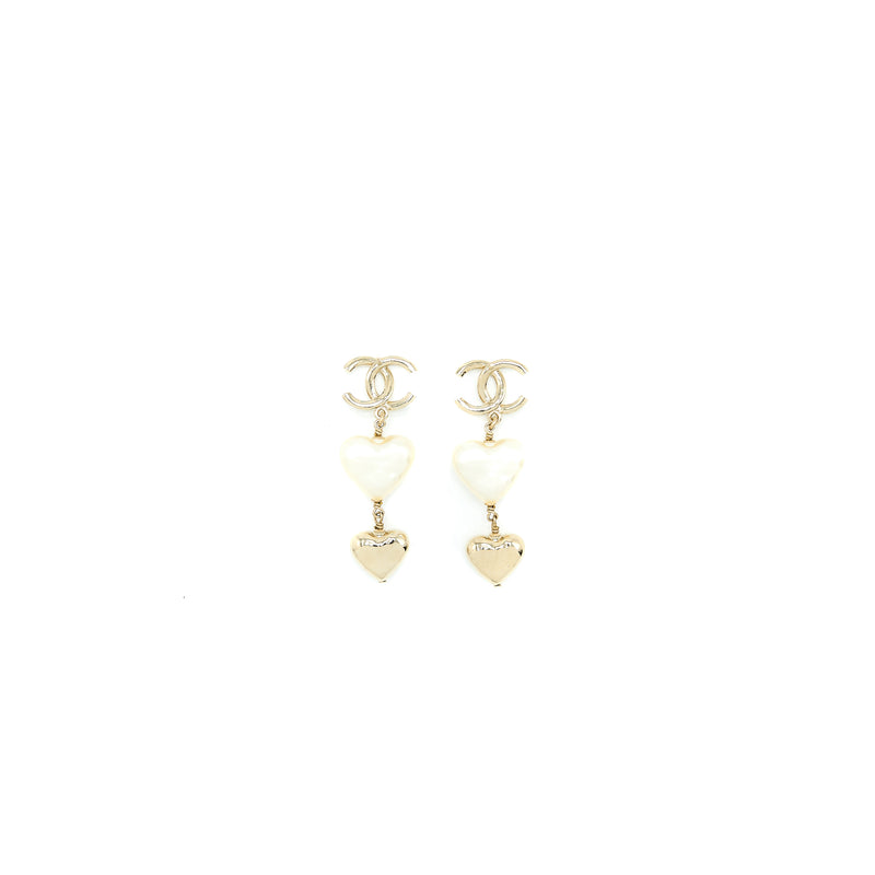 Chanel CC Logo Heart Drop Earrings Light Gold Tone