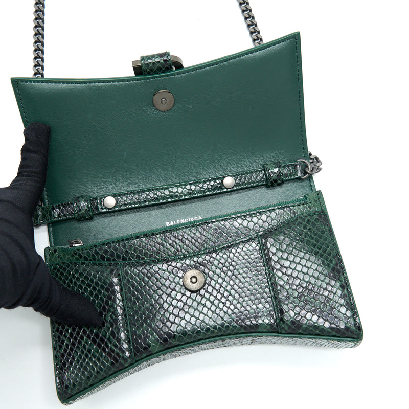 Balenciaga Hourglass Wallet With Chain Python Embossed Calfskin Black/ Dark Green