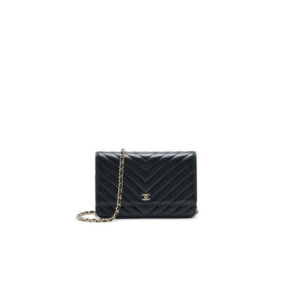 CHANEL CHEVRON WALLET ON CHAIN LAMBSKIN BLACK WITH GHW