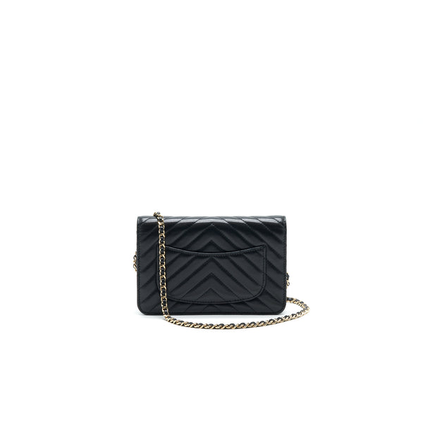 CHANEL CHEVRON WALLET ON CHAIN LAMBSKIN BLACK WITH GHW