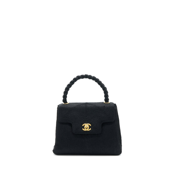 Chanel Vintage Top Handle Flap Bag Woven Silk Black GHW