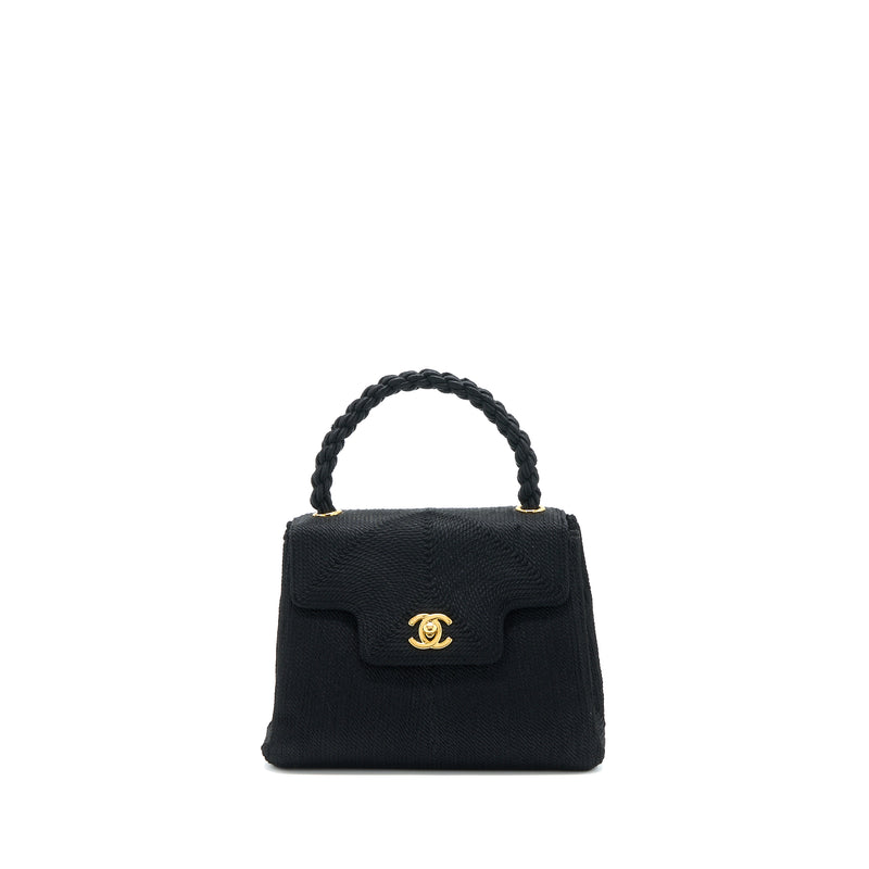 Chanel Vintage Top Handle Flap Bag Woven Silk Black GHW