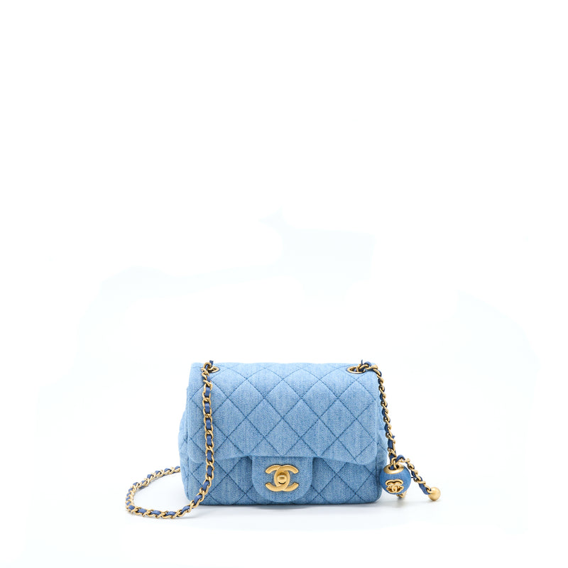 Chanel 22C Denim Pearl Crush Mini Square Flap Bag GHW(Microchip)