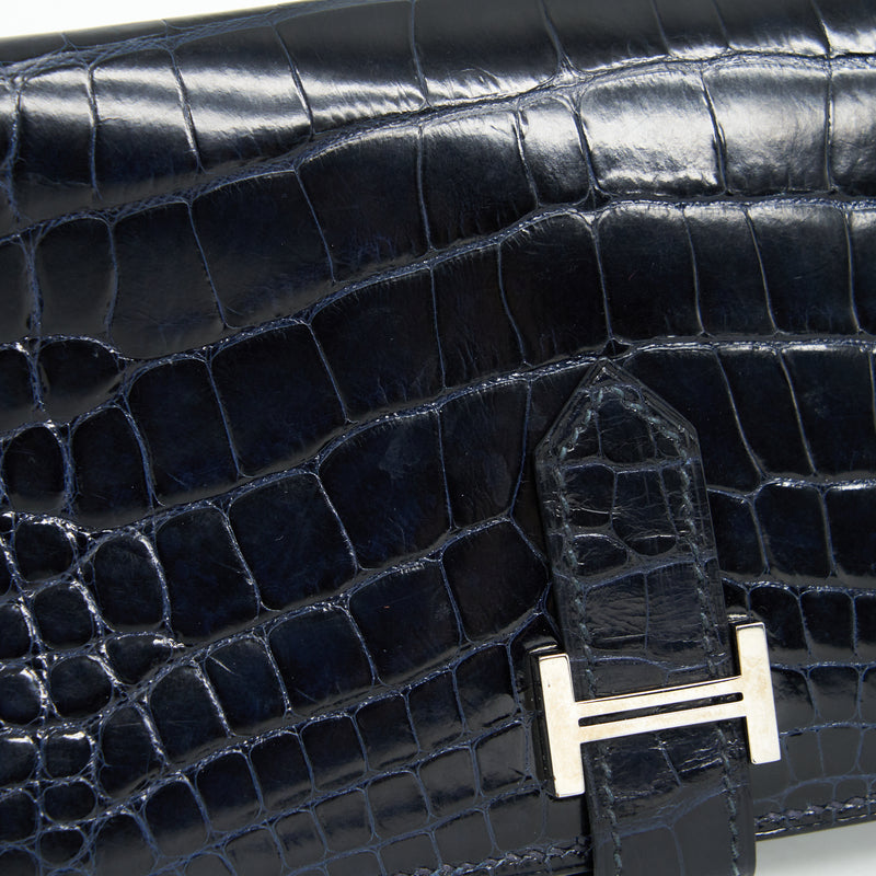 Hermes Alligator Bearn Wallet Blue Marine SHW