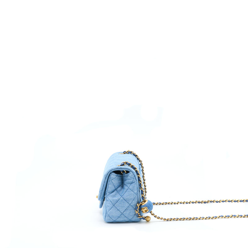 Chanel 22C Denim Pearl Crush Mini Square Flap Bag GHW(Microchip)