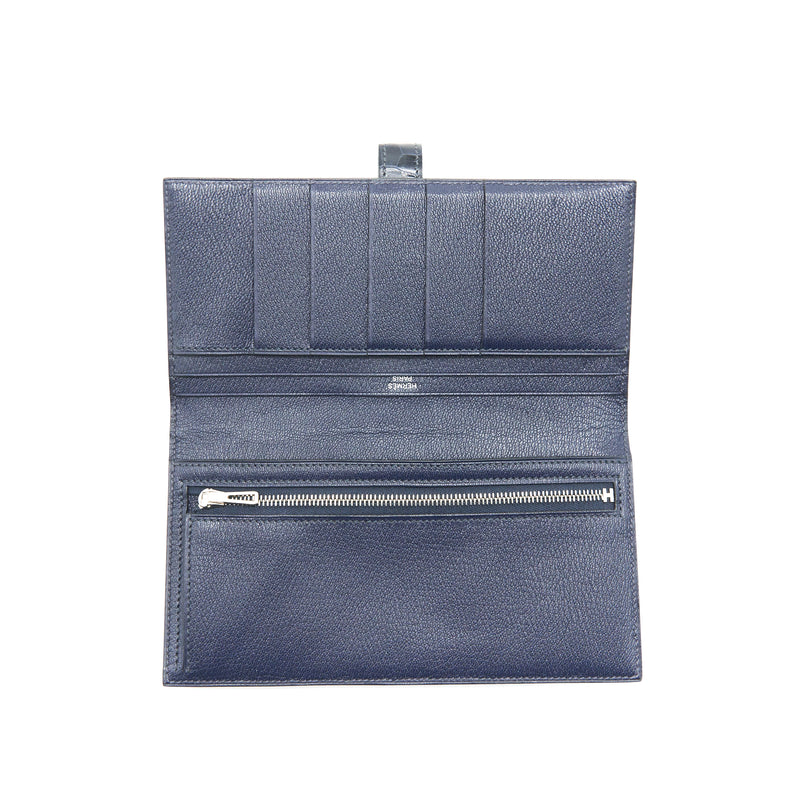 Hermes Alligator Bearn Wallet Blue Marine SHW