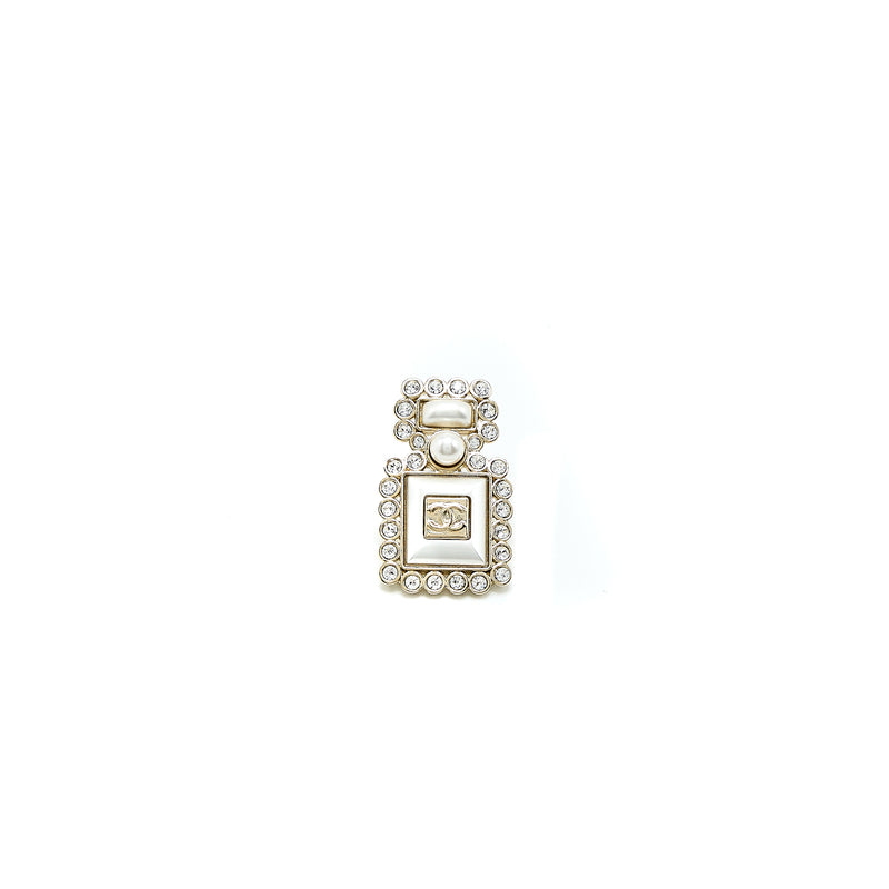 Chanel Logo Bottle Brooch With Crystals Light Gold Tone