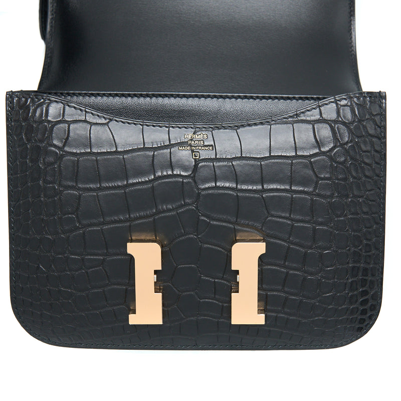 Hermes Mini Constance Alligator Mississippiensis Mat Black RGHW Stamp Y