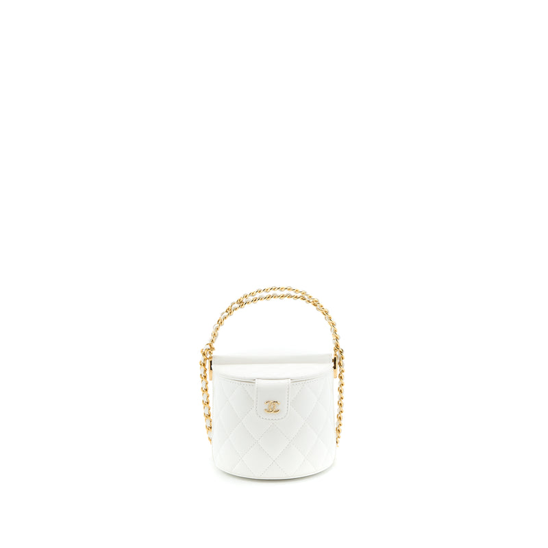 Chanel Top Handle Round Vanity with Chain Lambskin White GHW (Microchip)