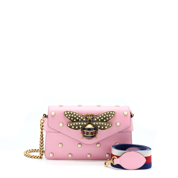 Gucci Pearl Studded Mini Broadway Bee Shoulder Bag Pink GHW