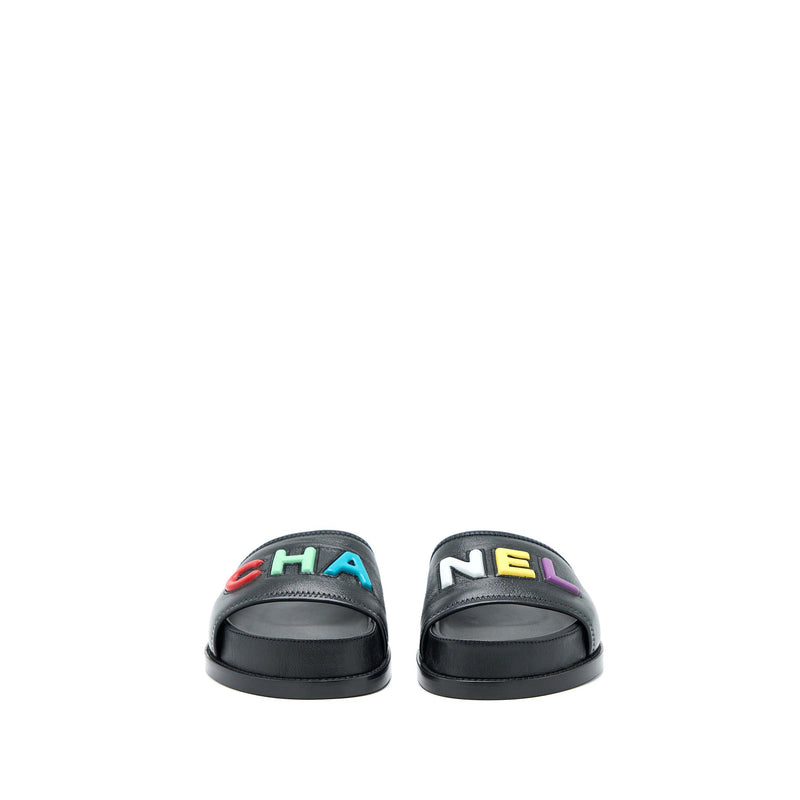 Chanel Size 37.5 Logo Multicolour Letter Slides Black
