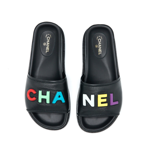 Chanel Size 37.5 Logo Multicolour Letter Slides Black