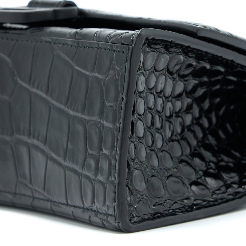 Balenciaga Hourglass XS Croc-Embossed Calfskin So Black