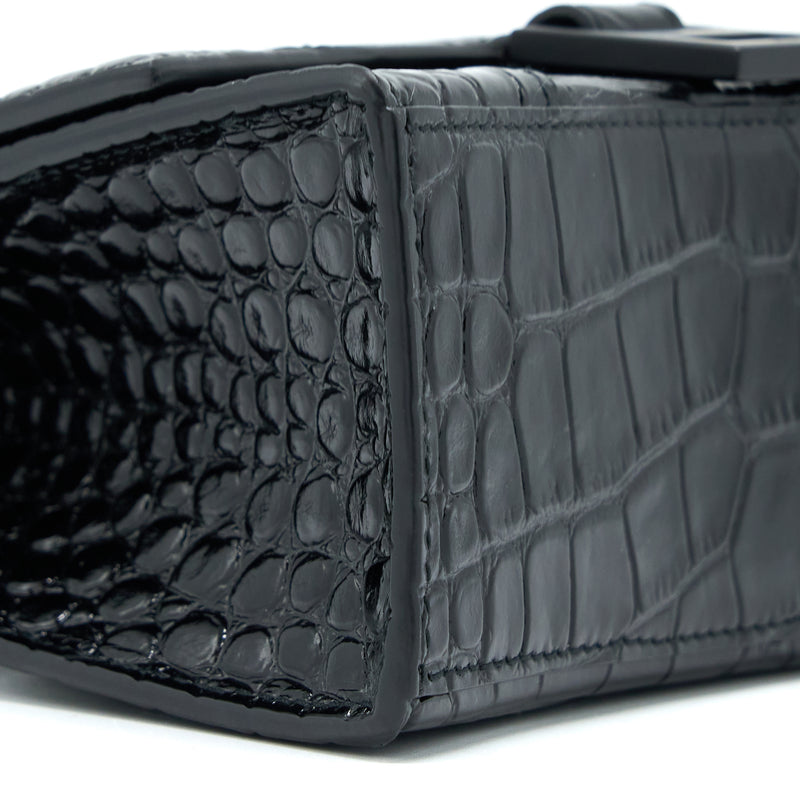 Balenciaga Hourglass XS Croc-Embossed Calfskin So Black