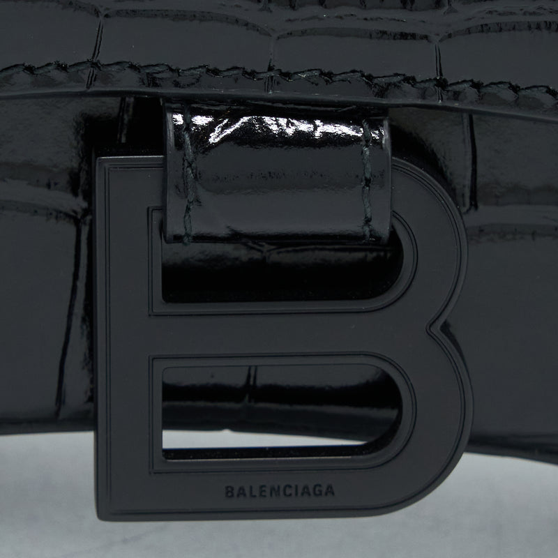 Balenciaga Hourglass XS Croc-Embossed Calfskin So Black