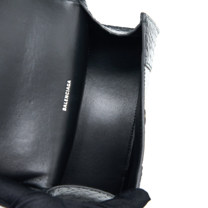 Balenciaga Hourglass XS Croc-Embossed Calfskin So Black