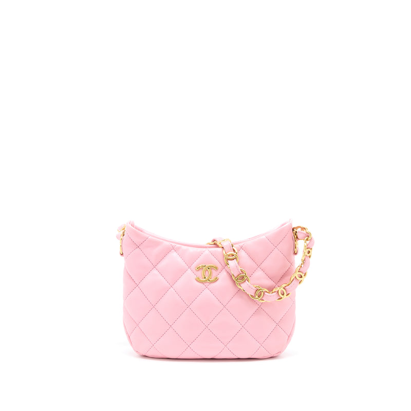 Chanel 22K Hobo Bag Logo Chain Lambskin Pink GHW (Microchip)