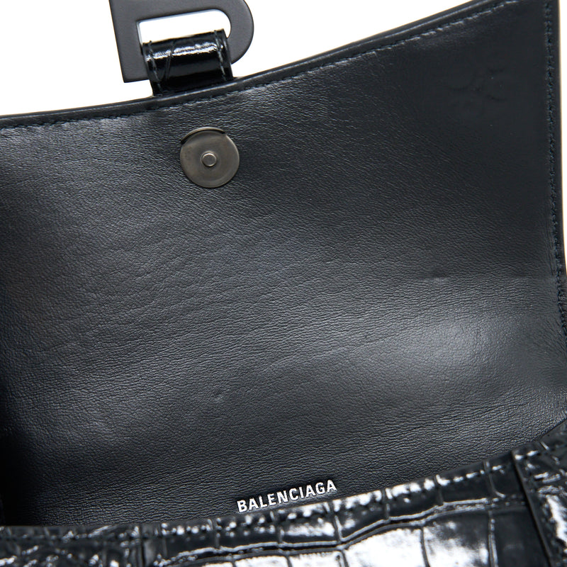Balenciaga Hourglass XS Croc-Embossed Calfskin So Black