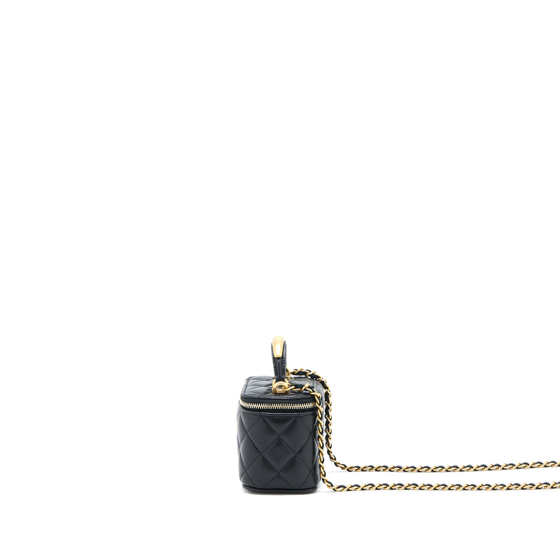Chanel 22B Detailed Top Handle Mini Vanity With Chain Lambskin Black Brushed GHW
