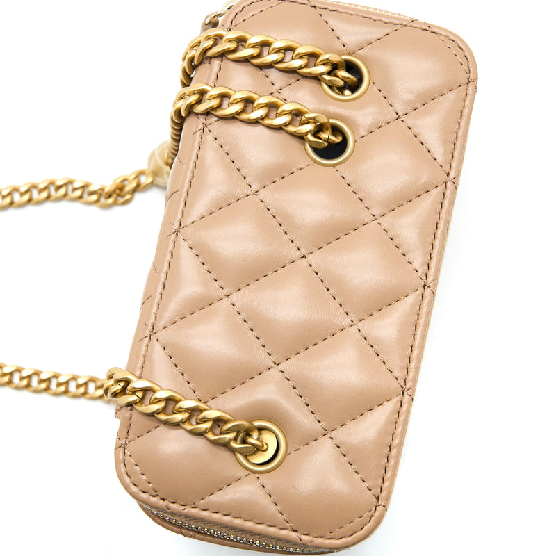 Chanel 22K Gold Pillar Adjustable Chain Long Vanity Lambskin Beige Bru