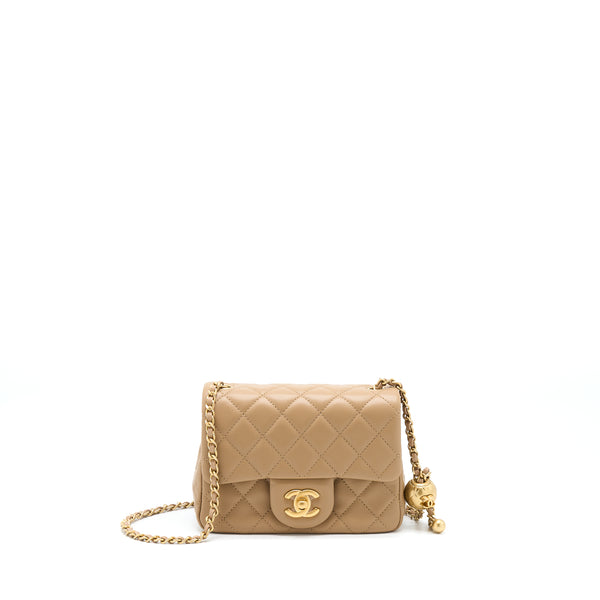 Chanel Pearl Crush Mini Square Flap Bag Lambskin Dark Beige GHW(Microchip)