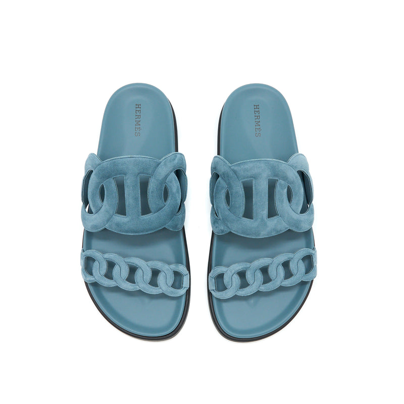 Hermes Size 39.5 Extra Sandals Chèvre Velours Blue Pinede