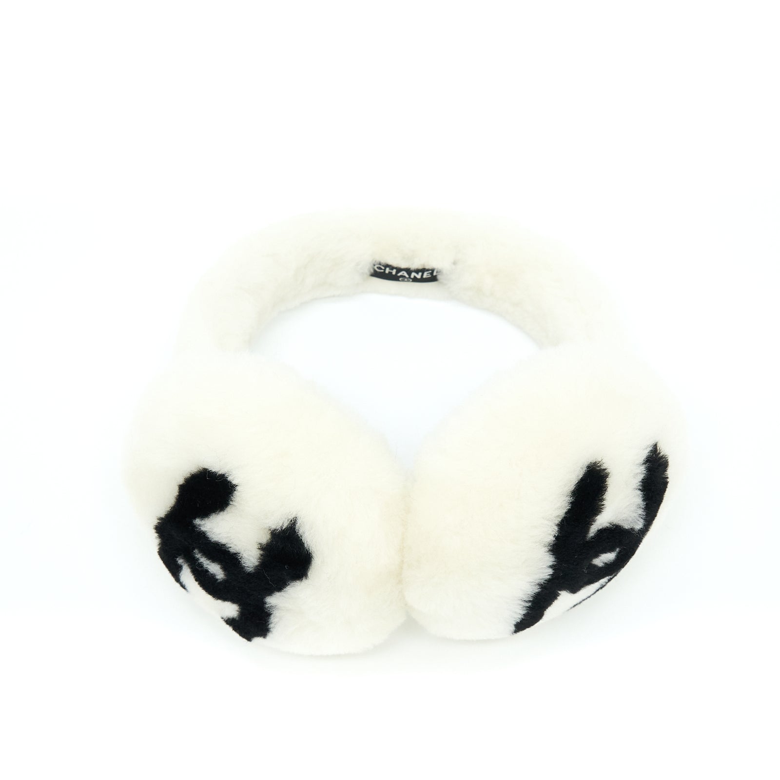 CHANEL Runway White Earmuffs Shearling Lambskin Chanel Shearling Cashmere Ivory Black Earmuffs – Coco  main image 3