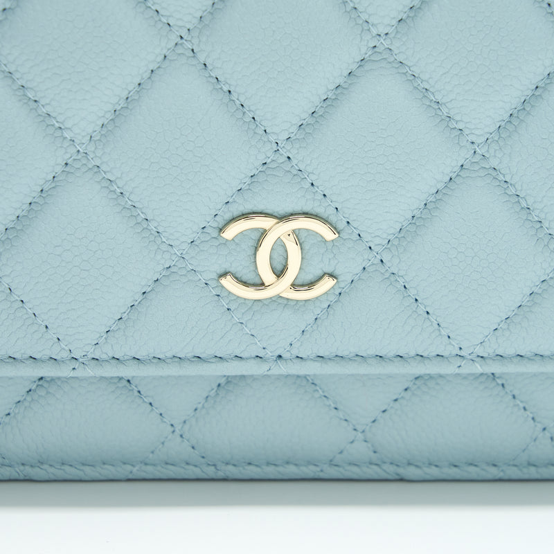 Chanel 22P Wallet On Chain With CC Logo Chain Caviar Light Blue LGHW