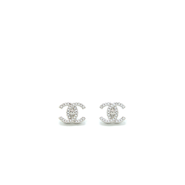 Chanel Mini CC Logo Earrings Silver Tone