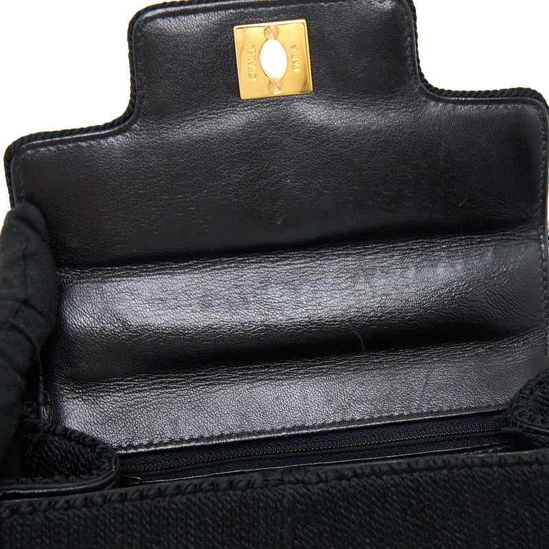 Chanel Vintage Top Handle Flap Bag Woven Silk Black GHW