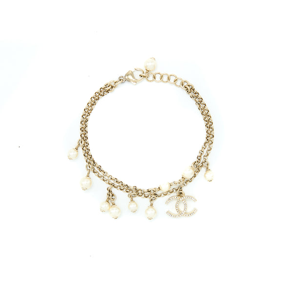 Chanel Double Chain CC Logo Bracelet Crystal/Pearl Light Gold Tone