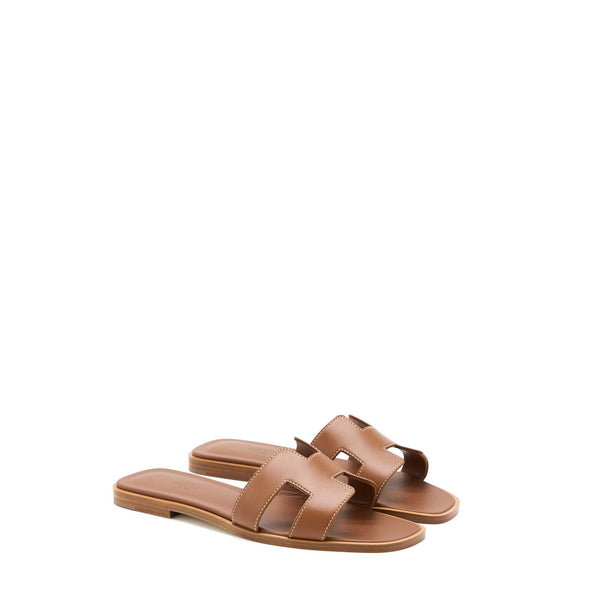 Hermes Size 37 Oran Sandals Box Leather Gold