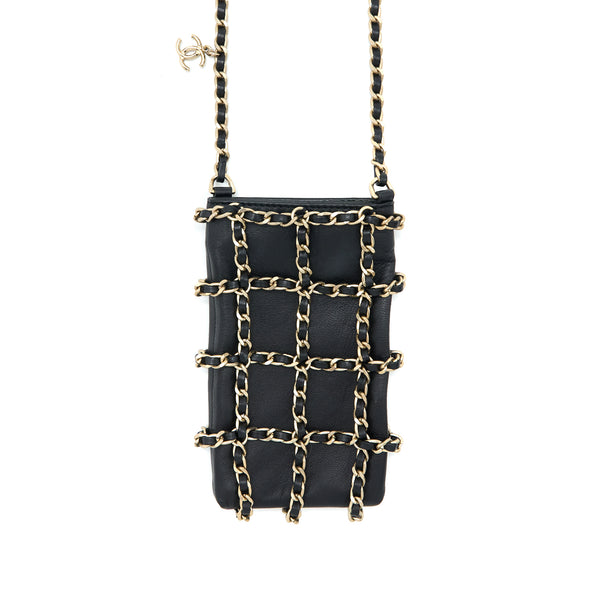 Chanel Phone Pouch with Chain Lambskin Black LGHW