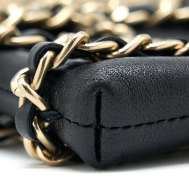 Flap phone holder with chain - Lambskin, patent calfskin & gold-tone metal,  black — Fashion